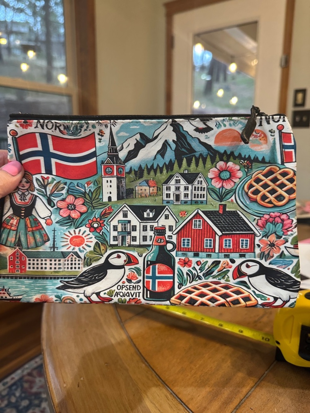 Norwegian Motif Zip Pouch with Puffins and Houses, new